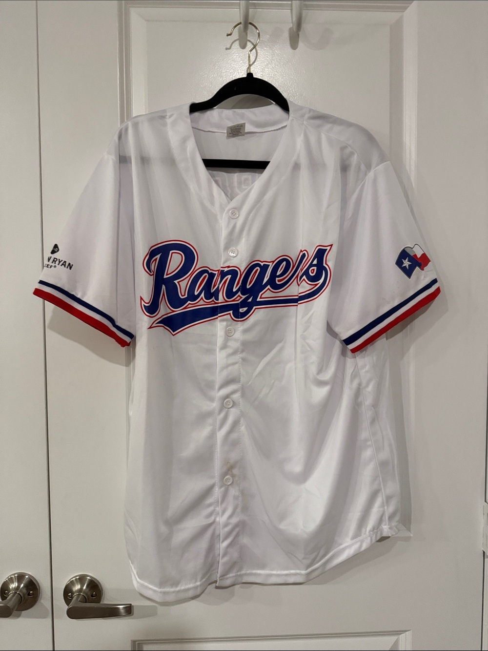Rangers White Home Jersey - Blue & Red Script deGrom #48